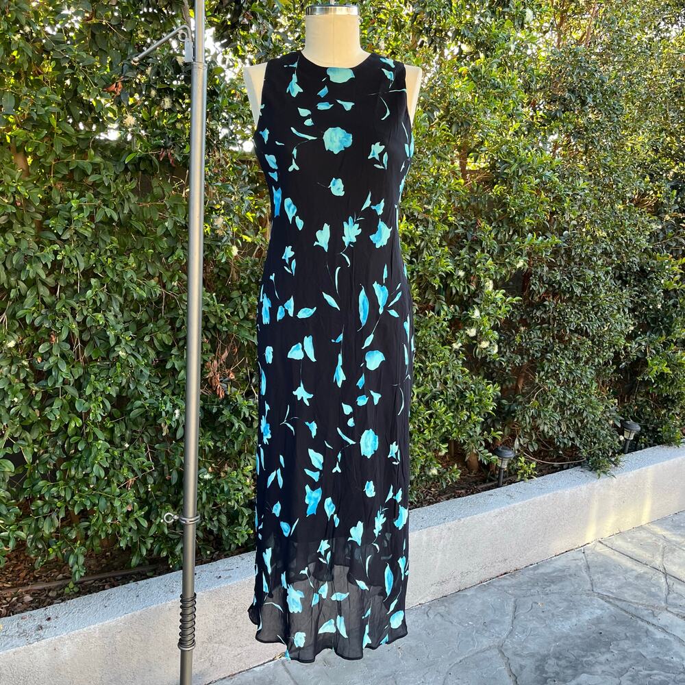 Vintage Ronni Nicole Petite Blue Black Floral Tank Dress 6P Grunge 90s